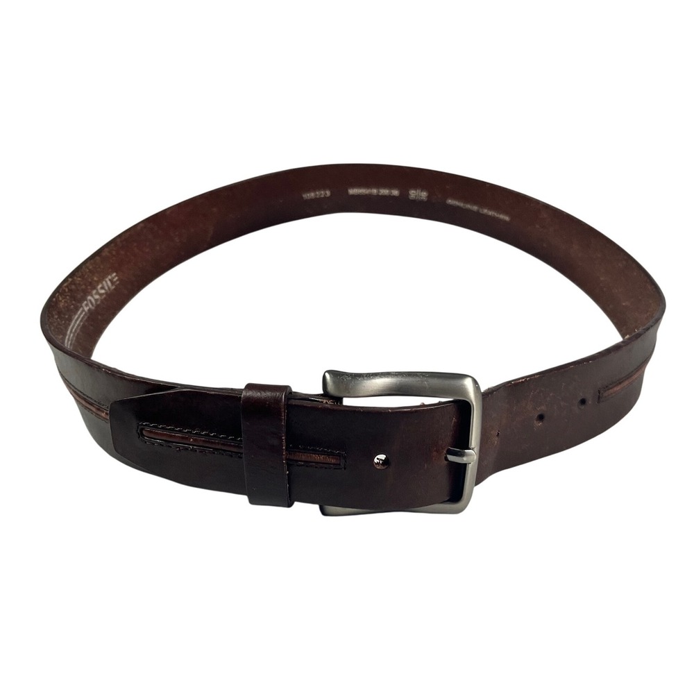Vintage Fossil Mens Dark Brown Genuine Leather Belt Size 36 Silver Buckle 42"